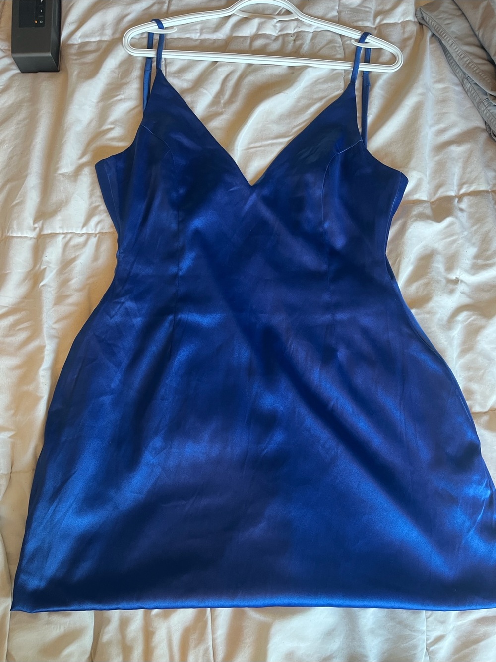 Revamped Satin V-Neck Mini Dress w/ Pockets - Blue